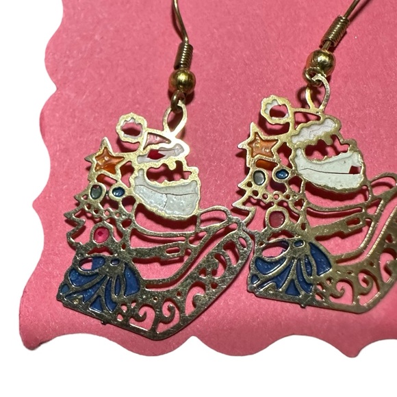 Vintage Santa Claus Sleigh Gold Tone Christmas Earrings Dangle - Picture 3 of 6